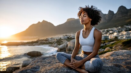 A serene woman meditates in a yoga pose on coastal rocks, with her eyes closed, as the sun sets over the ocean and mountains. The image embodies peace, wellness, and mindfulness.