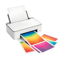 Compact white inkjet printer with colorful printed pages emerging from the output tray isolated on transparent background