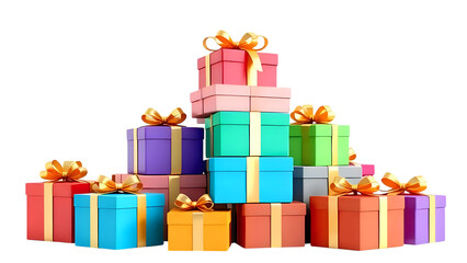 Fototapeta premium 3D Render of Gift Boxes with Golden Ribbons and Bows, Stacked in a Pile, Isolated on Transparent Background