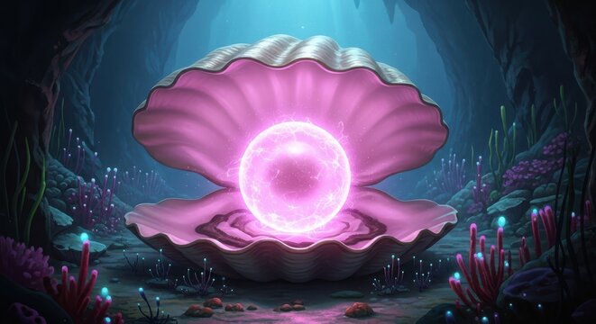 Magical glowing pink pearl of life in an enchanted oyster shell