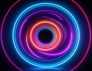 Vibrant neon rings create a mesmerizing tunnel of light and color