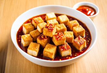 A white bowl filled with tofu covered in sauce.