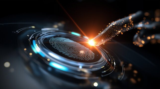 Detailed close-up of a glowing fingerprint scan with futuristic interface graphics overlaid.