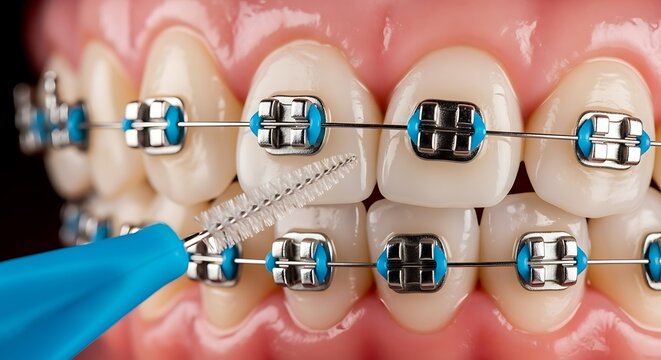 Close-up macro shot of dental braces with colored ligatures being cleaned with a blue interdental brush