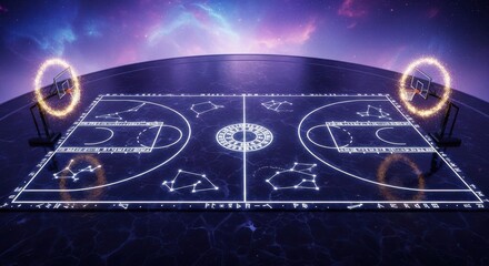 Epic fantasy basketball court made of glowing magical runes