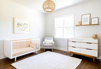 A baby room with two cribs and a chair.