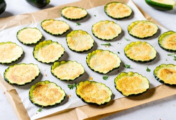 A baking sheet filled with sliced zucchini on top of a wooden table.