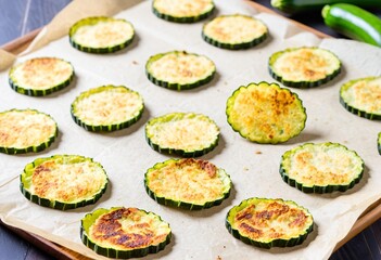 A baking sheet filled with sliced zucchini on top of a wooden table.