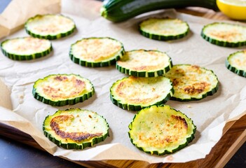 A baking sheet filled with sliced zucchini on top of a wooden table.