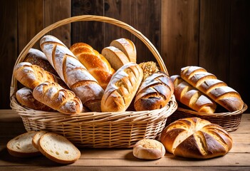 A basket filled with lots of different types of bread.