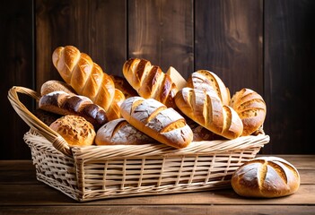 A basket filled with lots of different types of bread.