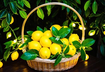 A basket full of lemons sitting on top of a table.