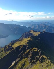 High-altitude mountain range with lake valley