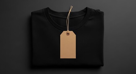 Simple black t-shirt with natural cardboard price tag hanging overhead view