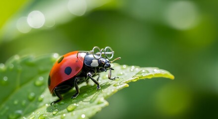 Ladybug on leaf with garden, and spring.