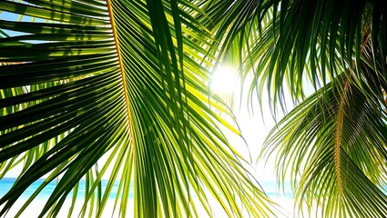 Sunlight filtering through lush green palm fronds on a tropical beach with clear blue ocean water