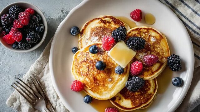 Stack of pancakes with berries and maple syrup