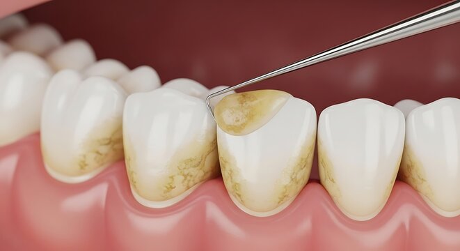 Close-up of dental scaling procedure removing plaque and tartar from teeth