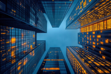 Plakat Modern skyscrapers reaching skyward from a low angle perspective city skyline at night illuminated windows