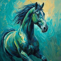 Majestic Vibrant Impressionist Horse. Majestic impressionist horse painting with vibrant emerald green, cobalt blue, and yellow tones, dynamic brushstrokes, flowing mane, textured layers.