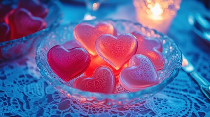 Colorful Heart-Shaped Candies in Crystal Dish with Romantic Ambiance
