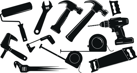 Hand tools, silhouette, construction, DIY, wrench, hammer, saw, drill, tape measure, knife, vector, black, white, illustration, icons, carpentry, toolkit, repair, hardware, equipment