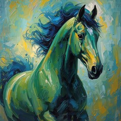 Majestic Vibrant Impressionist Horse. Majestic impressionist horse painting with vibrant emerald green, cobalt blue, and yellow tones, dynamic brushstrokes, flowing mane, textured layers.