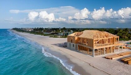 Obraz premium a new construction tropical beachfront florida luxury home wood frame building site real estate