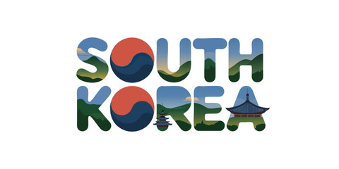 South Korea Vector Typography with Landscape, Mountains, Pagoda, Traditional Architecture, and Taeguk Symbol Isolated on Transparent Background