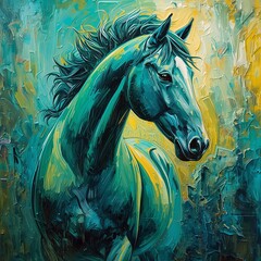 Majestic Vibrant Impressionist Horse. Majestic impressionist horse painting with vibrant emerald green, cobalt blue, and yellow tones, dynamic brushstrokes, flowing mane, textured layers.
