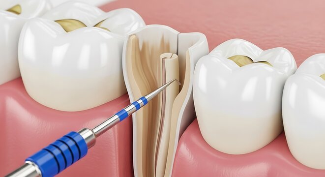 Close-up of dental drill working on tooth preparation for filling or crown procedure - Powered by Adobe