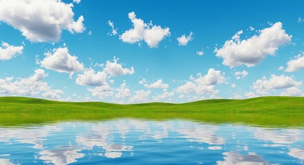 Vast Green Rolling Hills Reflecting in Calm Blue Water Under a Bright Sky Filled with White Fluffy Clouds