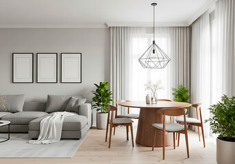 Modern living room with dining area and stylish furniture