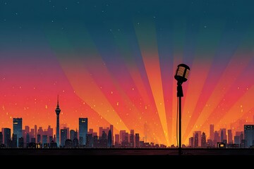Dynamic vintage microphone silhouetted against a vibrant cityscape and radiant sunset backdrop