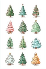 Obraz premium Various decorative Christmas trees illustrated in different styles and colors