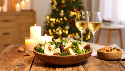 A festive Christmas meal featuring a delightful salad, pears, and walnuts, presented on a wooden table with wine glasses and candles.