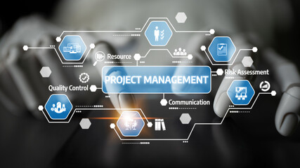 A digital interface showcasing project management concepts with hands reaching out. Icons represent quality control, resource allocation, risk assessment, and communication strategies. Tessel