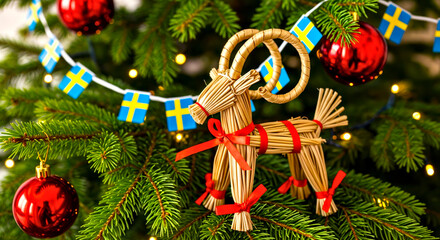 Straw Goat Placed on Christmas Tree Decorated With Swedish Flags Garland 