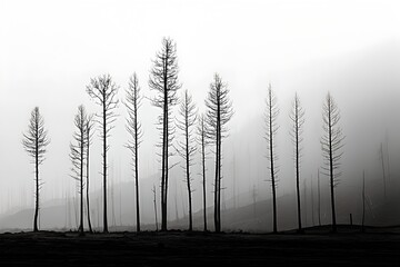 A minimalistic and graphic composition: a row of leafless tree silhouettes, lined up in a strict formation. The black and white execution lends the image depth, drama, and timeless elegance. 