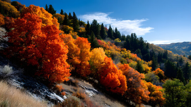 A lively autumn hillside covered in brilliant red, yllow, and orange leaves, st against a bright and cler blue sky.