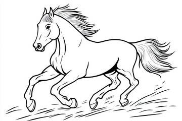 Outline of a horse running, no color, simple drawing for kids. Children’s Coloring Pages, Isolated on White Background