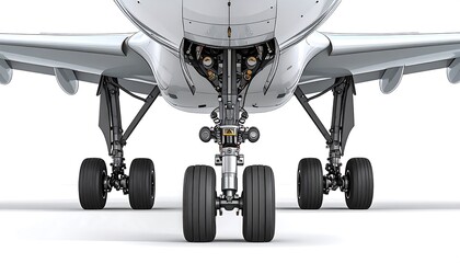 Detailed close-up view of an aircraft's landing gear, showcasing the intricate mechanical components and tire assembly against a plain white backdrop.