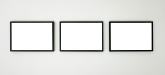 Three horizontal black picture frames hanging on a white wall, clean mockup for artwork, photography