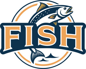 Fototapeta premium Vector art of classic fish logo featuring a salmon jumping through a circular frame with the word fish, perfect for a fishing club or seafood restaurant with vintage charm