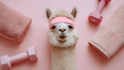 Alpaca's Workout: This captivating image shows a charming alpaca geared up for fitness, complete with a headband and dumbbells on a soft pastel surface.