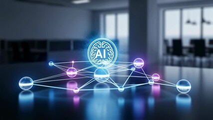 Artificial intelligence brain icon, AI network visualization in an office setting. AI technology advancing, deep learning innovation. Footage. - Powered by Adobe