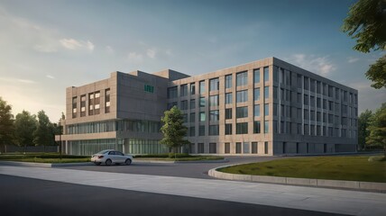Exterior of a modern building with a gray facade and large glass windows