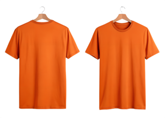 Two plain orange t shirts hanging on hangers isolated on transparent background