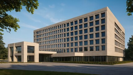 Exterior of a modern building with a light facade and many glass windows