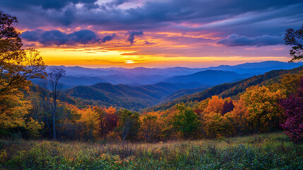 Golden sunlight over forested mountain ridges at sunset high resolution picture